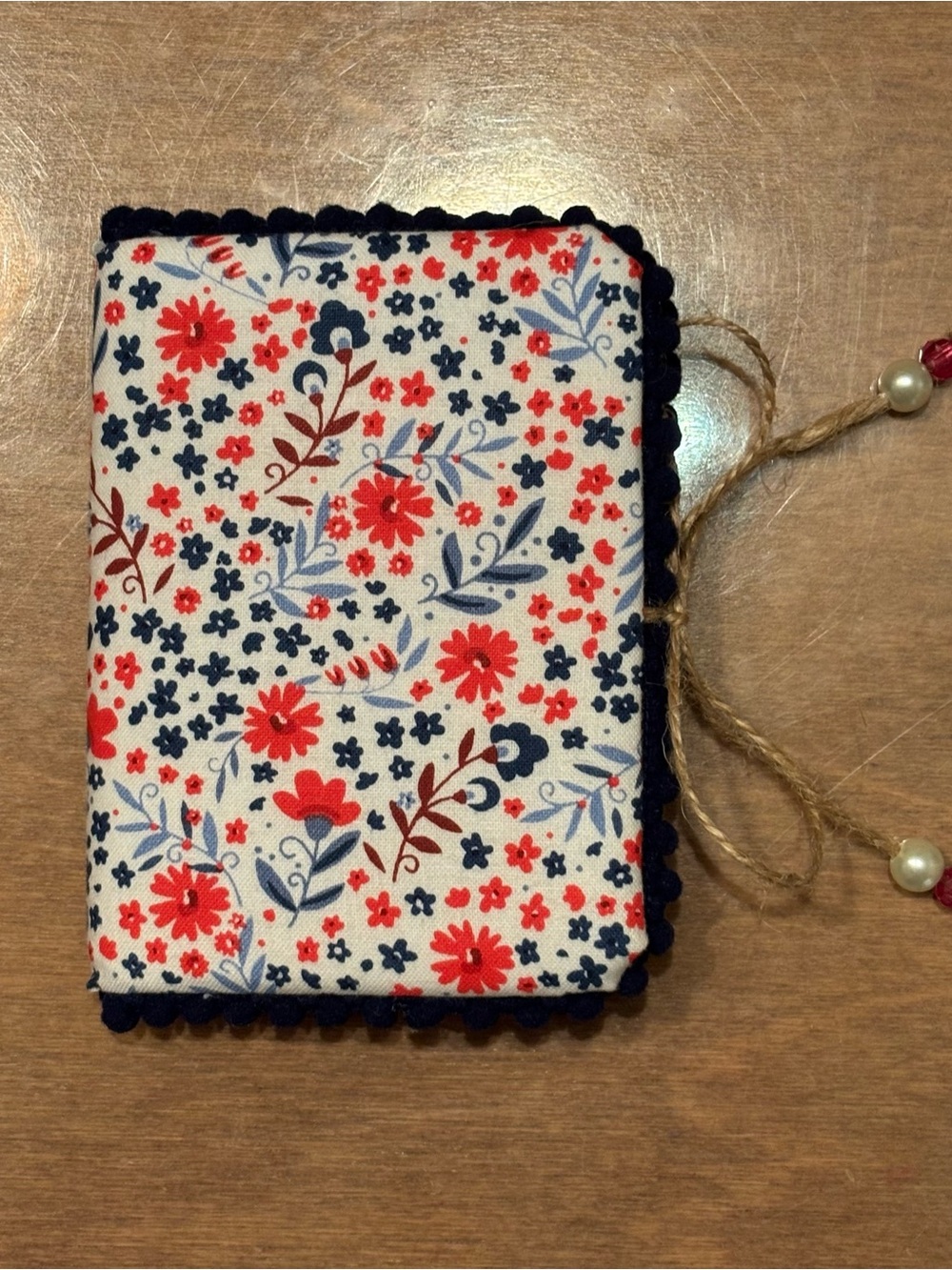 Handmade Floral Fabric Covered Journal Red & Navy Flowers 4.76x3.5 60 pages